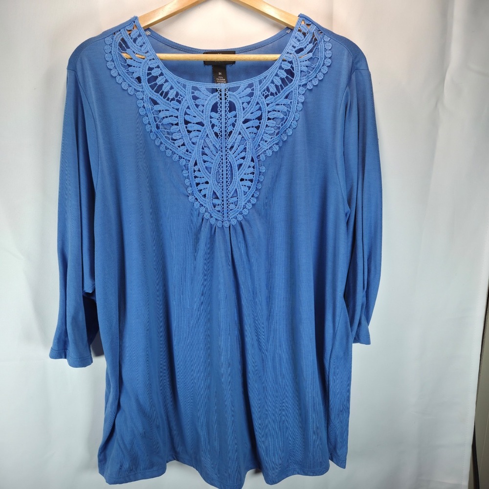 Karen Brooks Casual Blue V-Neck Crochet 3/4 Sleeve Top SZ 3X Cottagecore